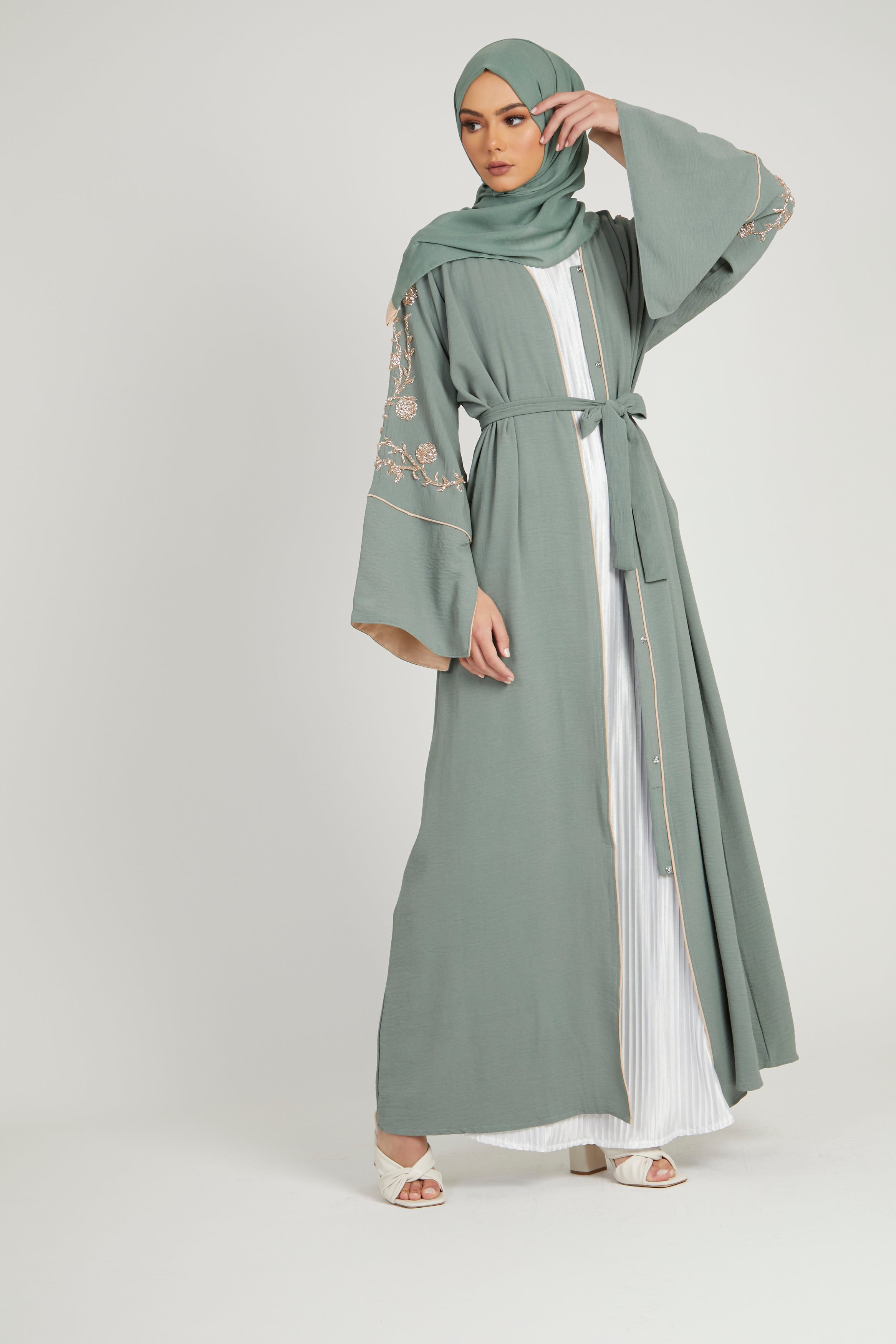 Floral Embellished Contrast Cuff Open Abaya - Sage Floral Embellished Contrast Cuff Open Abaya - Sage