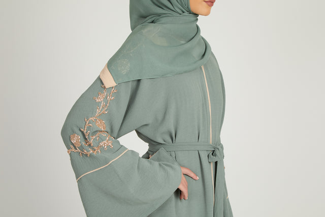 Floral Embellished Contrast Cuff Open Abaya - Sage