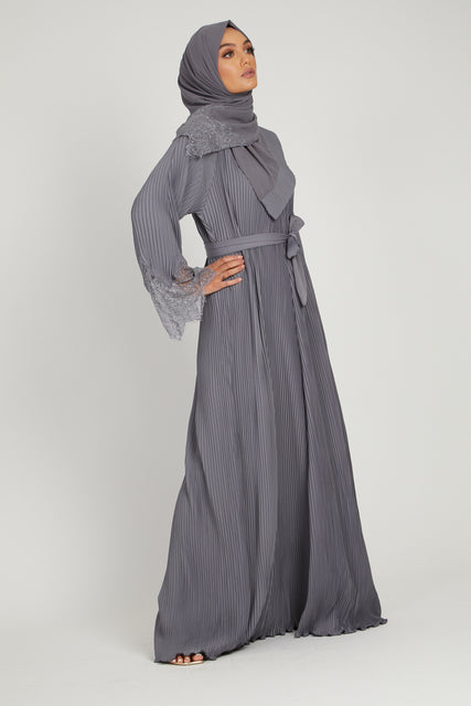 Premium Pleated Floral Lace Cuff Abaya - Grey