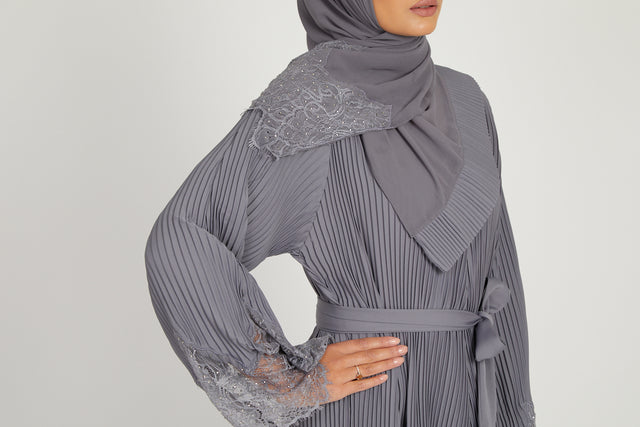 Premium Pleated Floral Lace Cuff Abaya - Grey