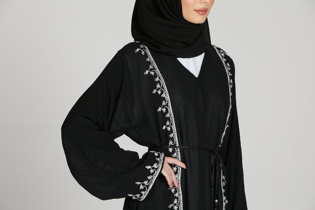 Black Chiffon Open Abaya with Dainty Embroidery