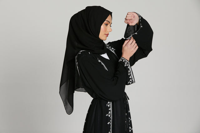 Black Chiffon Open Abaya with Dainty Embroidery