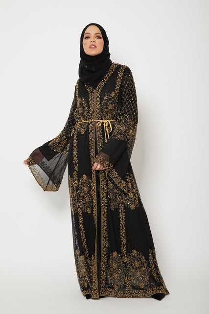 Luxury Rich Golden Glimmer Embellished Open Abaya