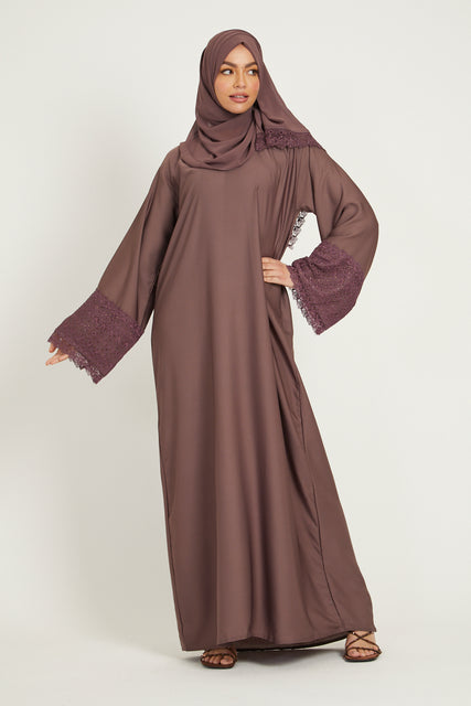 Mauve Taupe Closed Abaya with Embellished Lace Cuff