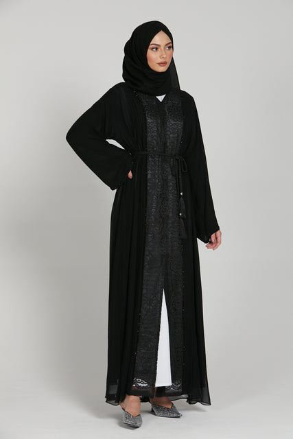 Black Chiffon Pleated Open Abaya with Floral Lace