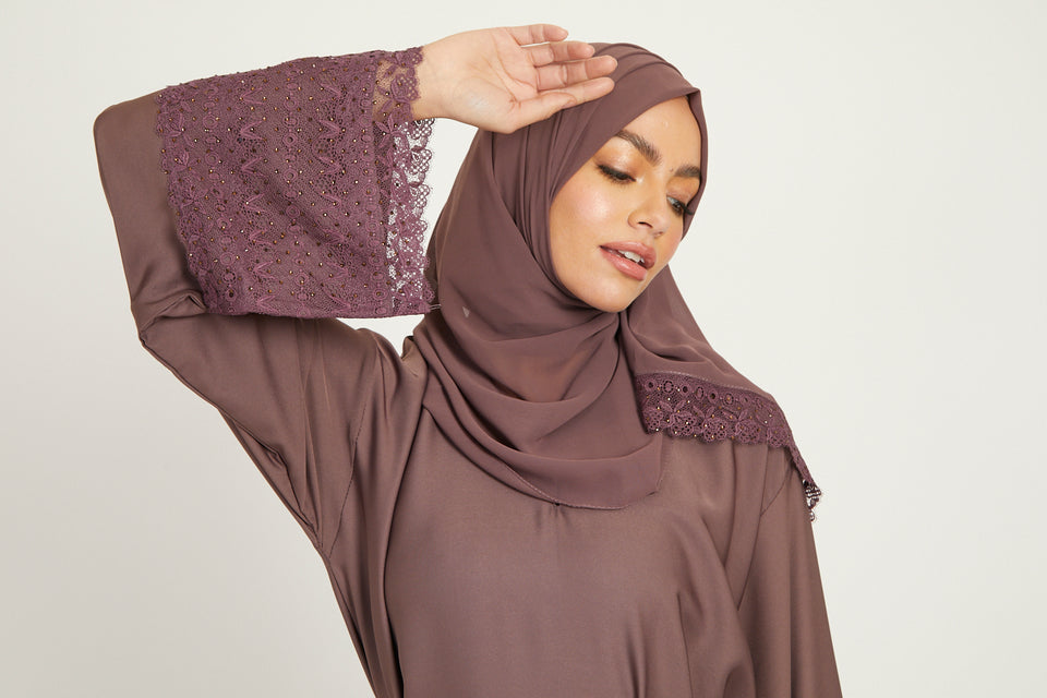 Mauve Taupe Closed Abaya with Embellished Lace Cuff
