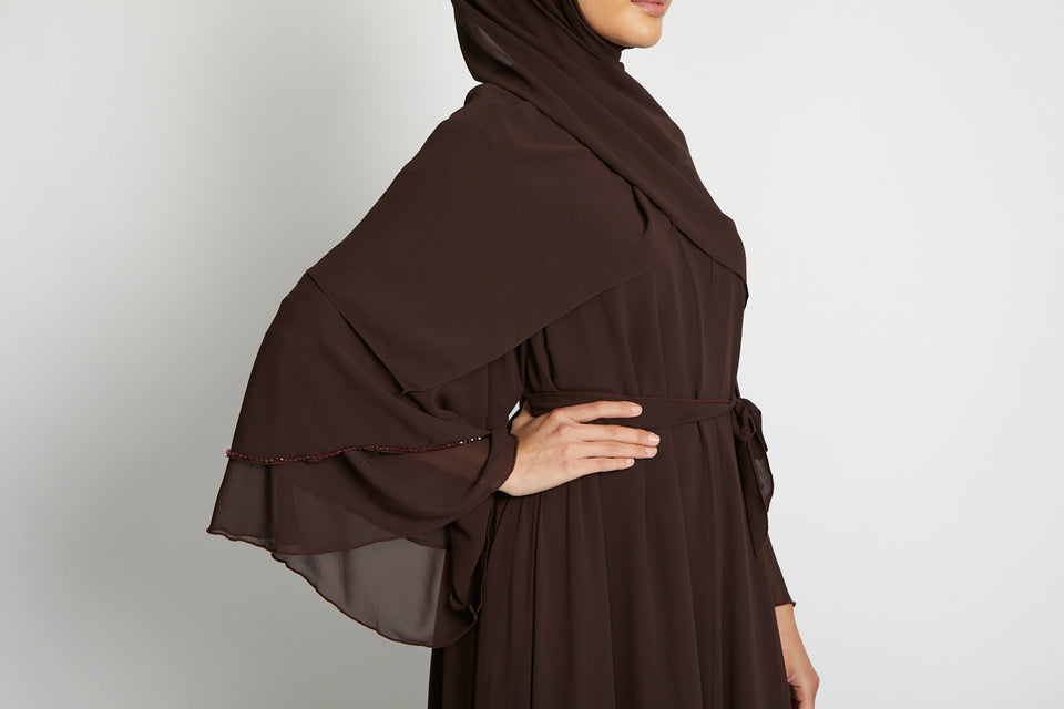 Mahogany Embellished Layered Open Abaya