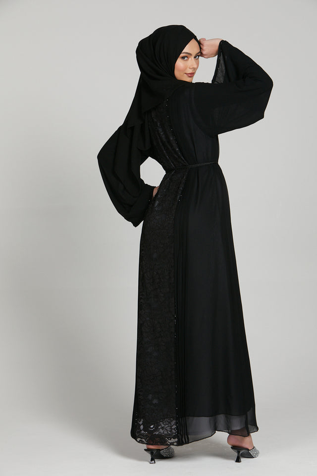 Black Chiffon Pleated Open Abaya with Floral Lace