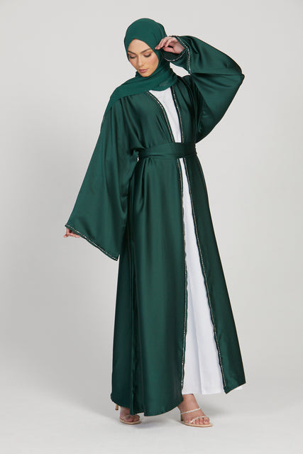 Premium Emerald Satin Embellished Open Abaya - Limited Edition