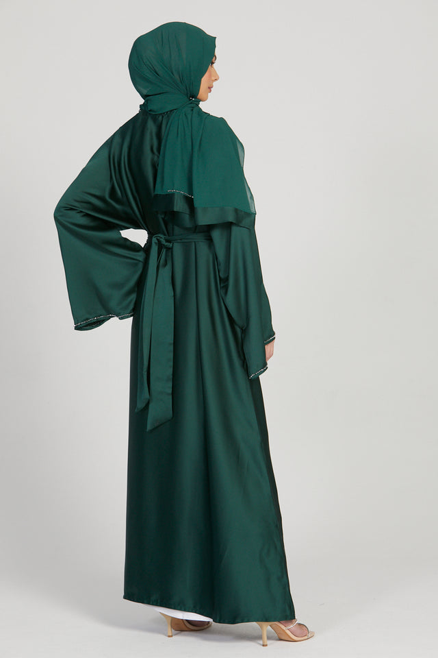 Premium Emerald Satin Embellished Open Abaya - Limited Edition