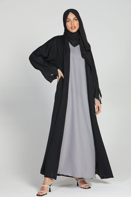 Open Abaya with Diamond Embroidered Detailing - Black