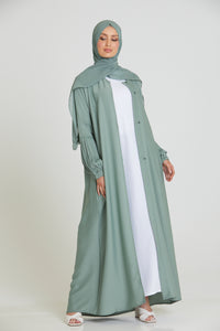 Premium Textured Open Abaya with Pleated Cuffs - Sage