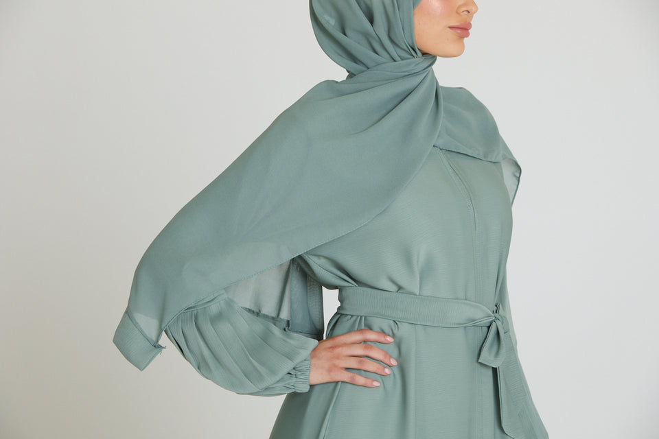 Premium Textured Open Abaya with Pleated Cuffs - Sage