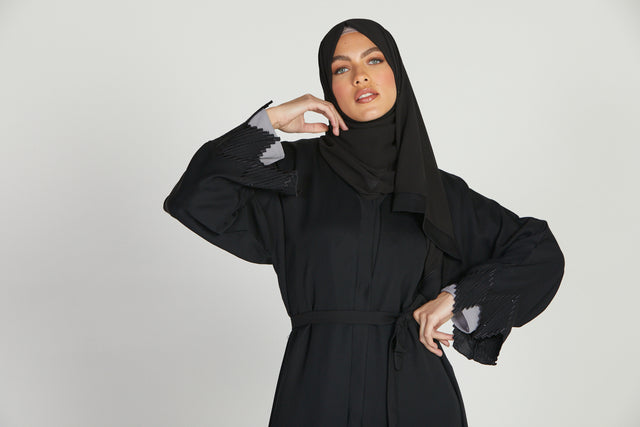 Open Abaya with Diamond Embroidered Detailing - Black
