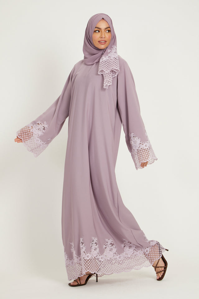 Luxury Closed Abaya with Dainty Lace Detailing - Lilac Mink