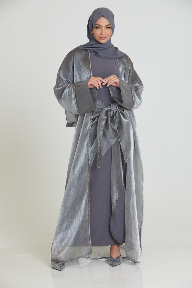 Three Piece Organza Wrap Open Abaya Set - Silver