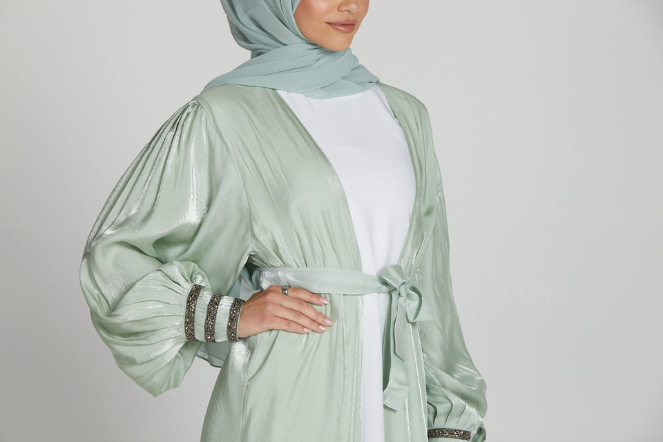 Four Piece Balloon Sleeve Embellished Cuff Abaya Set - Mint