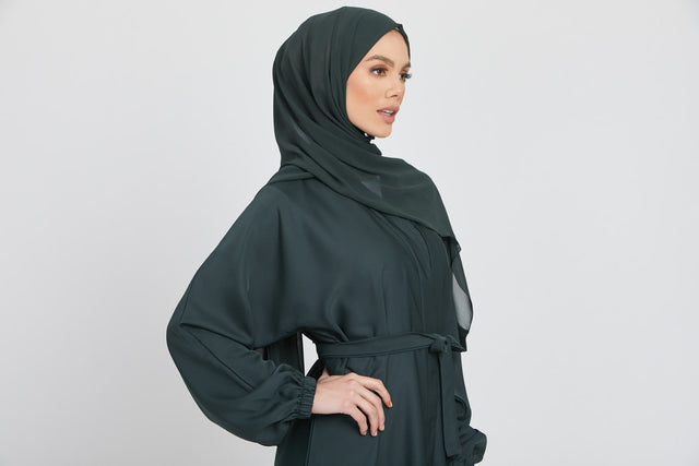 Open Abaya with Elasticated Cuffs - Forest Green