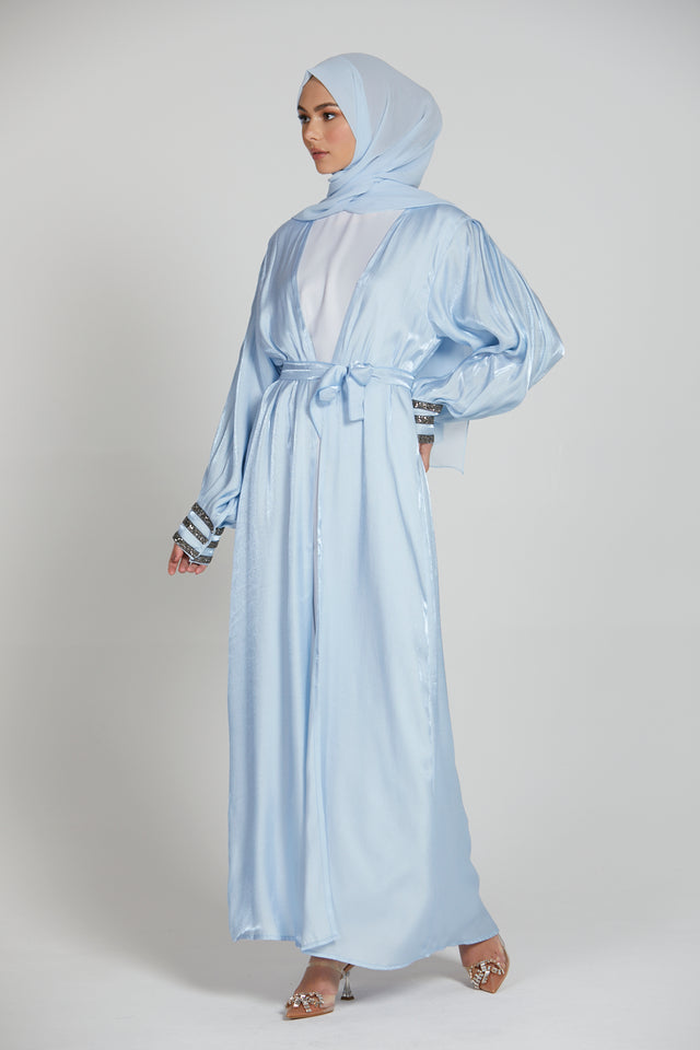 Four Piece Balloon Sleeve Embellished Cuff Abaya Set - Powder Blue
