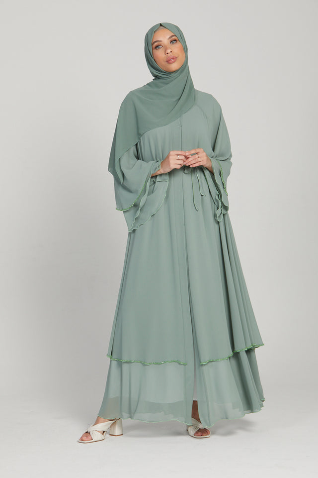 Mint Embellished Layered Open Abaya
