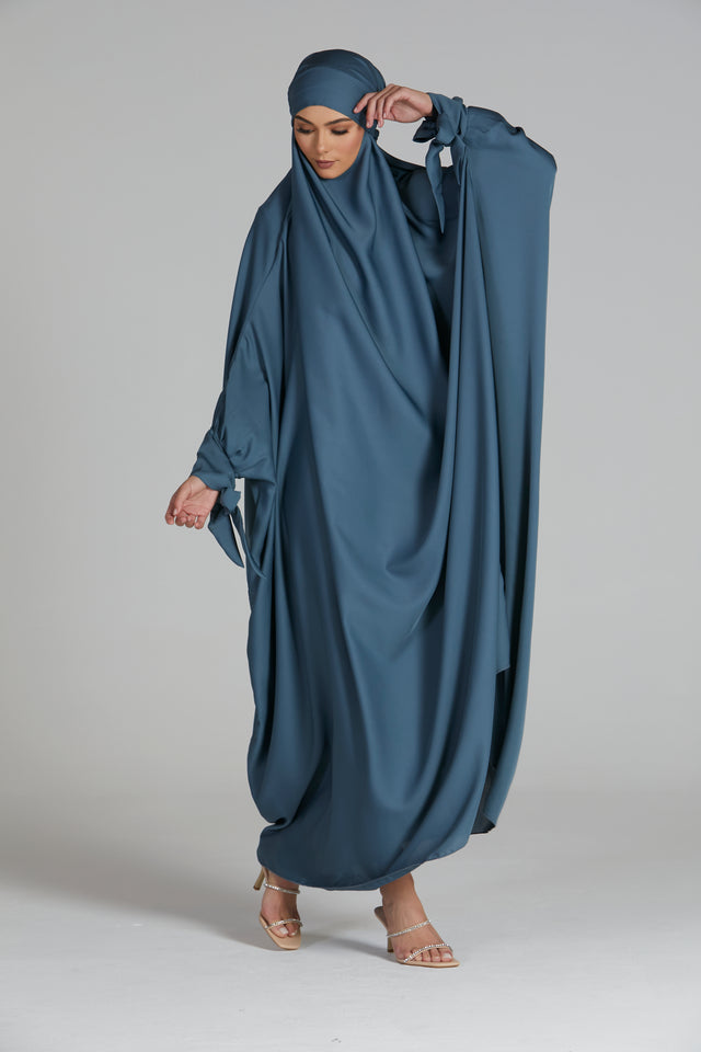 One Piece Full Length Jilbab/Prayer Abaya - Tie Up Cuffs - French Blue