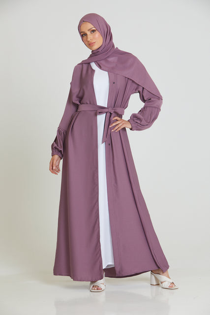 Premium Textured Open Abaya with Pleated Cuffs - Deep Rose Blush