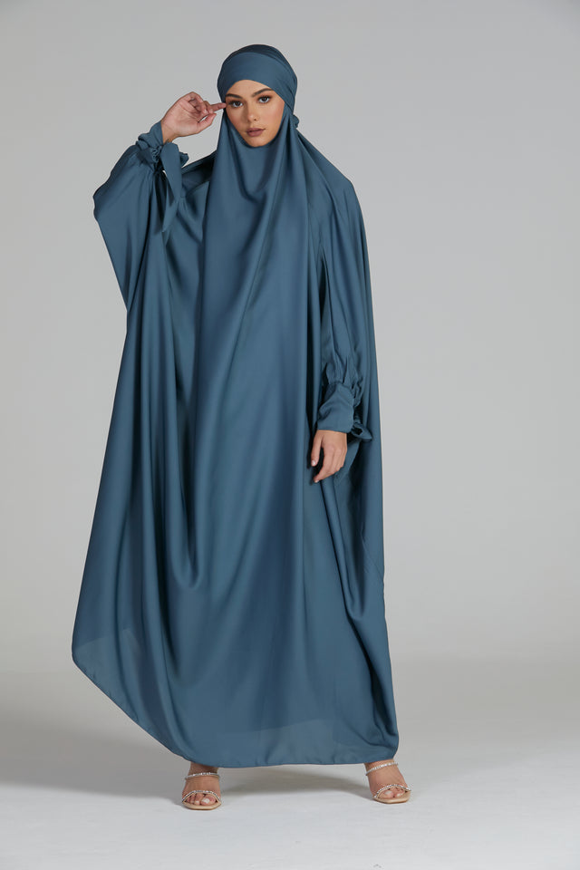 One Piece Full Length Jilbab/Prayer Abaya - Tie Up Cuffs - French Blue