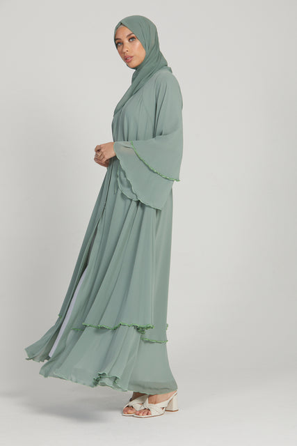 Mint Embellished Layered Open Abaya