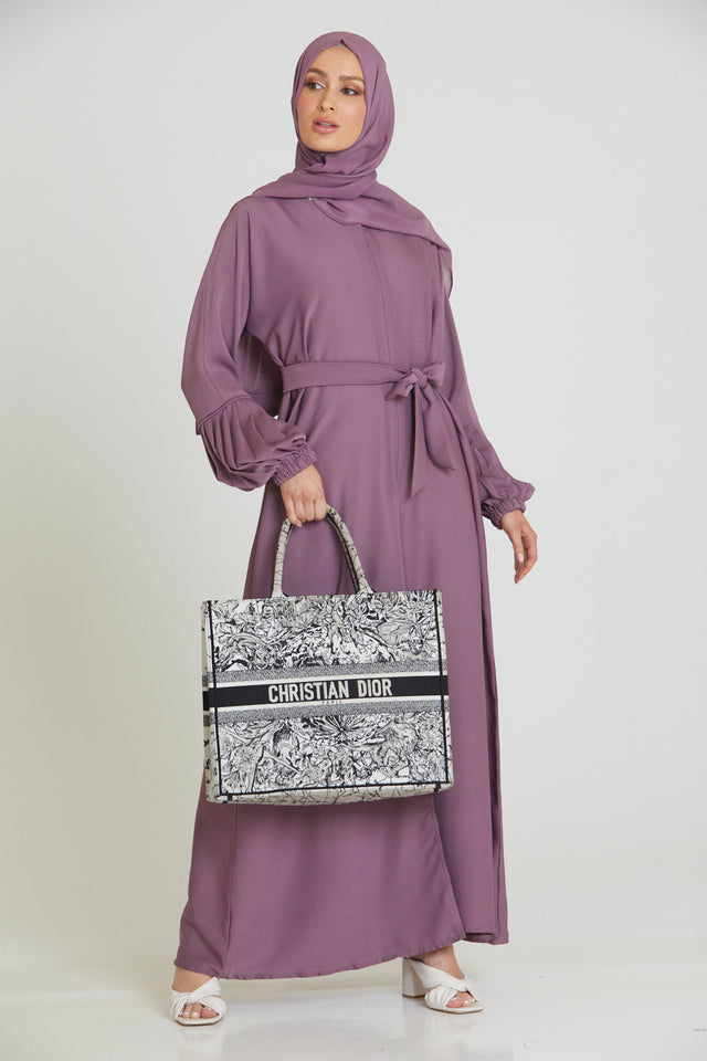 Premium Textured Open Abaya with Pleated Cuffs - Deep Rose Blush