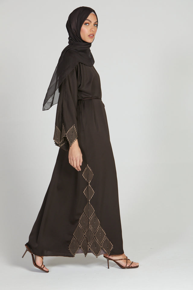 Open Abaya with Diamond Embroidery Detailing - Dark Brown