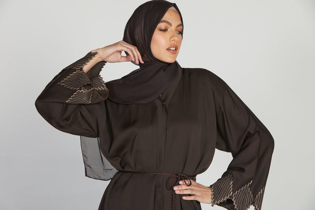 Open Abaya with Diamond Embroidery Detailing - Dark Brown