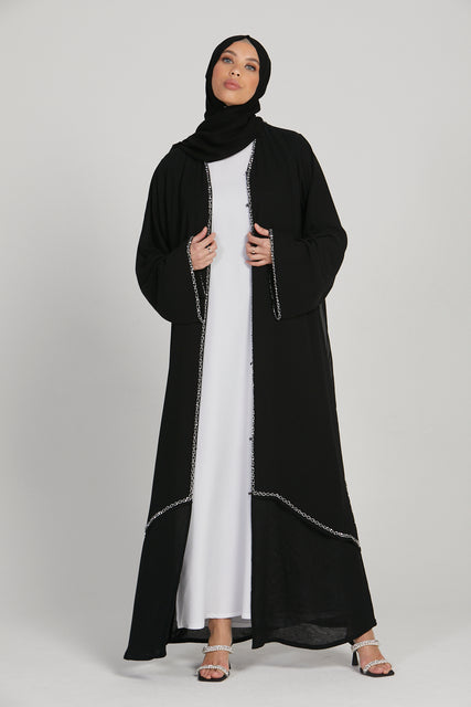 Luxury Embellished Chain Chiffon Layered Open Abaya - Black