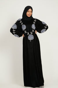 Luxury Closed Velvet Abaya with Organza Floral Detailing
