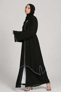 Luxury Embellished Chain Chiffon Layered Open Abaya - Black