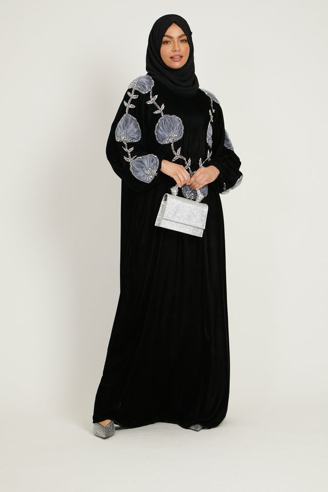 Luxury Closed Velvet Abaya with Organza Floral Detailing