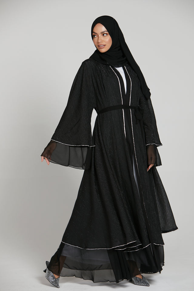 Shimmer Chiffon Umbrella Cut Open Abaya With Embellished Piping - Black