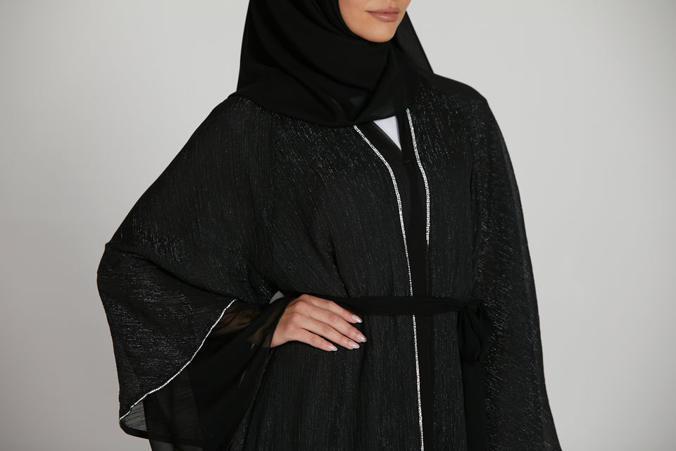 Shimmer Chiffon Umbrella Cut Open Abaya With Embellished Piping - Black