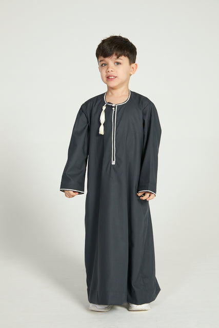 Junior Boys Premium Omani Thobe - Deep Charcoal with Cream Embroidery