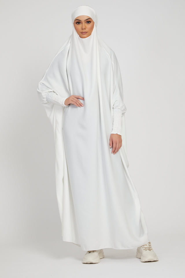 One Piece Full Length Jilbab/ Prayer Abaya -Zipped Cuffs and Pockets - White