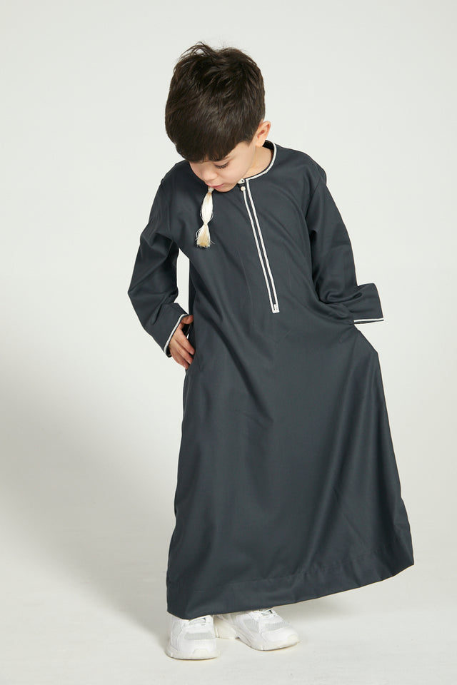 Junior Boys Premium Omani Thobe - Deep Charcoal with Cream Embroidery