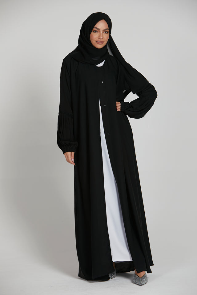 Premium Textured Open Abaya with Pleated Cuffs - Black