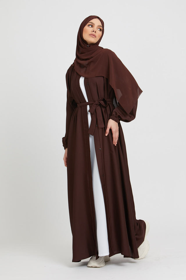 Open Abaya with Elasticated Cuffs - Mahogany