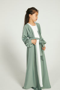 Junior Girls Premium Textured Open Abaya with Pleated Cuffs - Sage