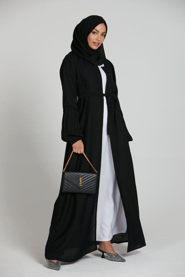 Premium Textured Open Abaya with Pleated Cuffs - Black