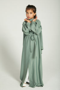 Junior Girls Premium Textured Open Abaya with Pleated Cuffs - Sage