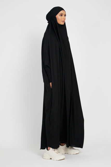One Piece Jilbab/Prayer Abaya - Zipped Cuffs And Pockets - Black