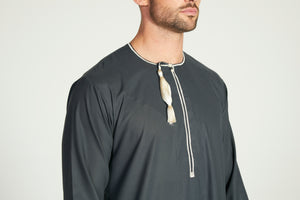 Premium Omani Thobe - Deep Charcoal with Cream Embroidery