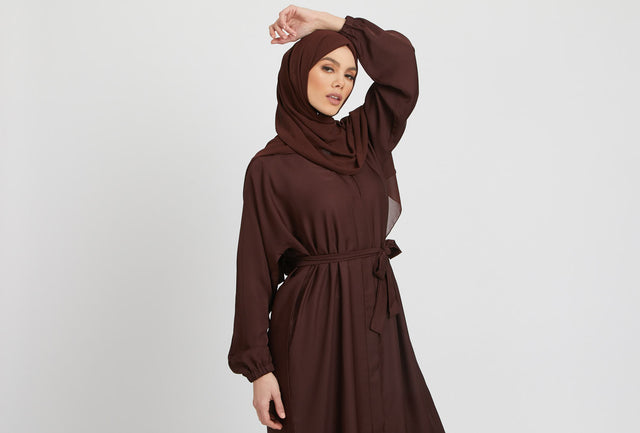 Open Abaya with Elasticated Cuffs - Mahogany