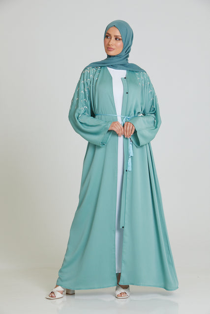 Aqua Mint Embellished Open Abaya
