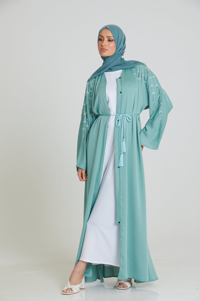 Aqua Mint Embellished Open Abaya
